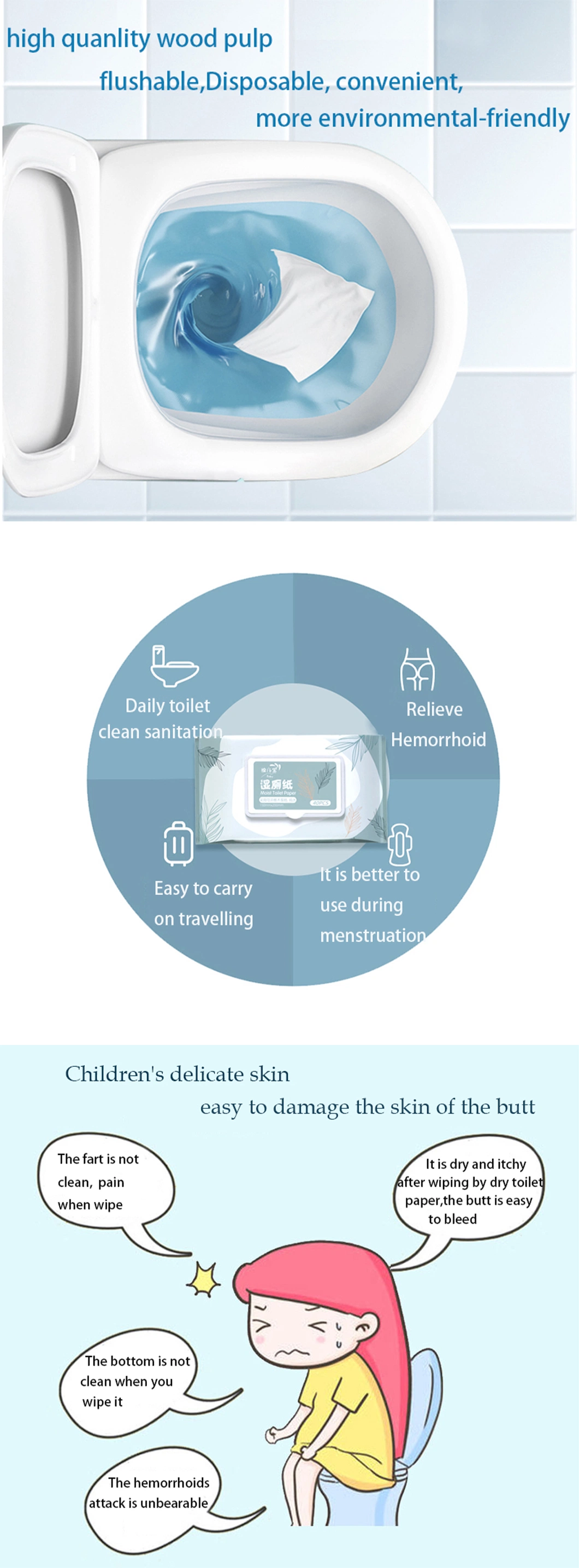 Good Quanlity Raw Wood Pulp Biodegradable Flushable Toilet Wet Wipes
